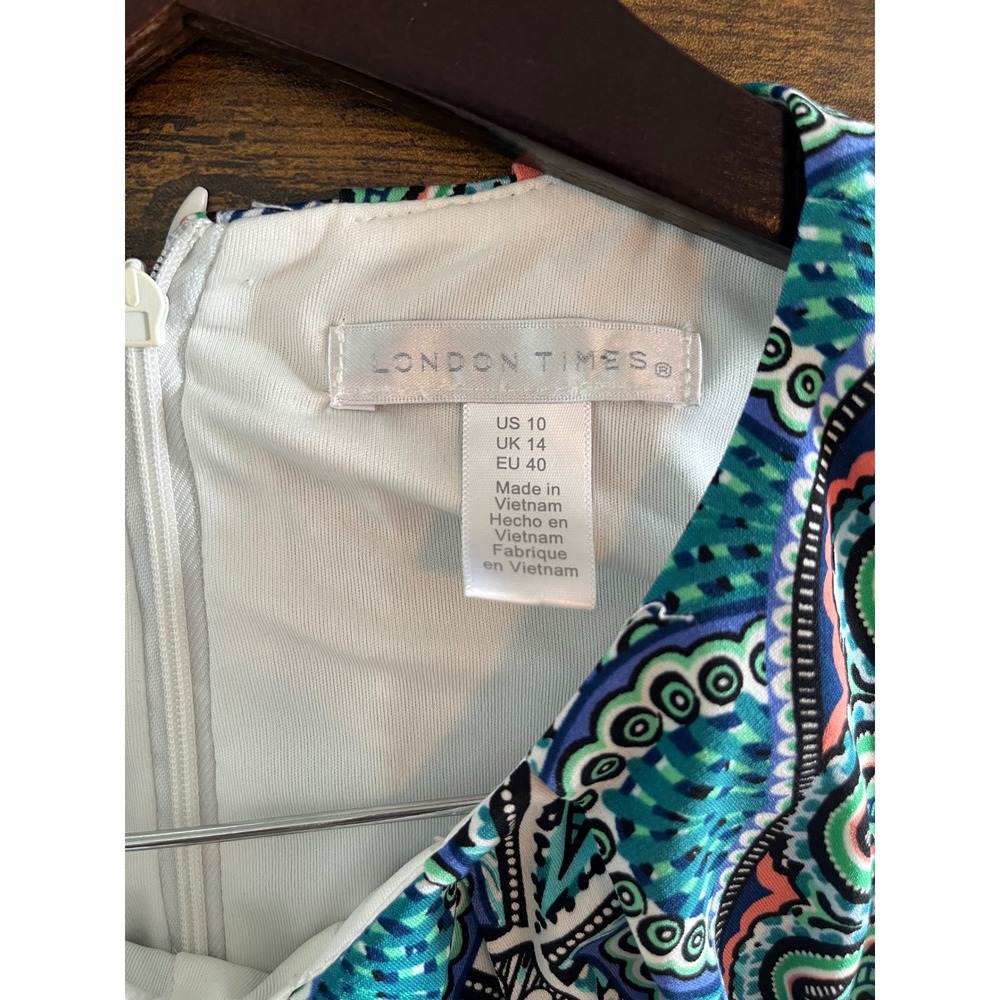 London Times Dress Womens 10 Blue Green Mandala Handkerchief Hem Sleeveless - Picture 3 of 9